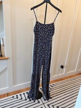 Floral Navy Wide-Leg Jumpsuit Womens L with ruffle hem by Made with Love